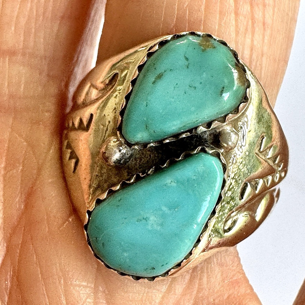 Mens Turquoise Navajo Band Sz 9 Two Stone Ring 21mm Signed ML Handmade Native